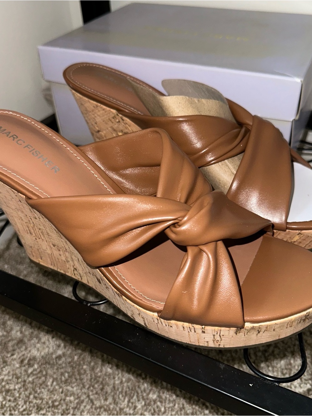 Marc Fisher Cognac Knot-Front Cork Wedge Sandals Sz 9.5